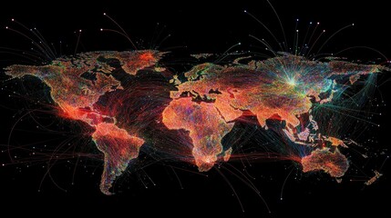 Global network connections, data streams, world map, digital background, communication