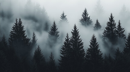 Misty Black and White Forest with Tall Pine Trees – Cinematic Moody Monochrome Wallpaper for Modern Interiors