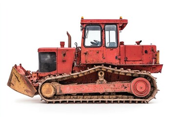 A red bulldozer with large tracks isolated on a white background