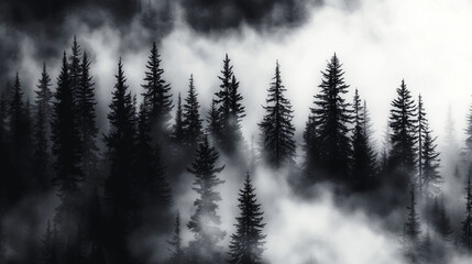 Misty Black and White Forest with Tall Pine Trees – Cinematic Moody Monochrome Wallpaper for Modern Interiors