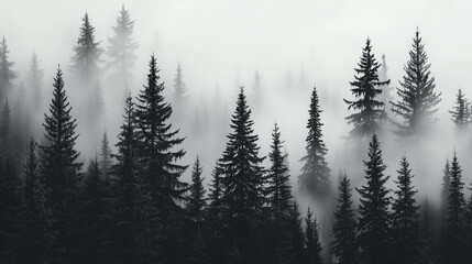 Misty Black and White Forest with Tall Pine Trees – Cinematic Moody Monochrome Wallpaper for Modern Interiors