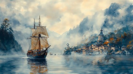 A painting depicts a tall ship approaching a coastal town shrouded in mist, nestled among forested hills.