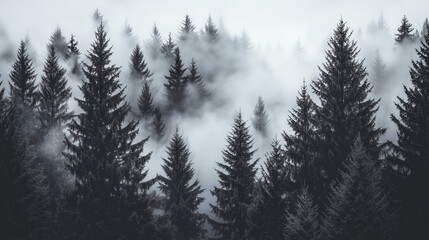 Misty Black and White Forest with Tall Pine Trees – Cinematic Moody Monochrome Wallpaper for Modern Interiors