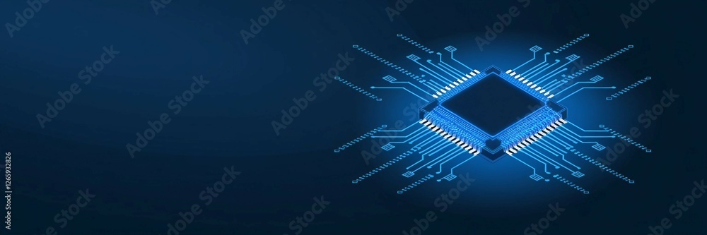 Poster high-tech digital microchip icon on a blue background. ai technology, advanced computing power, and 
