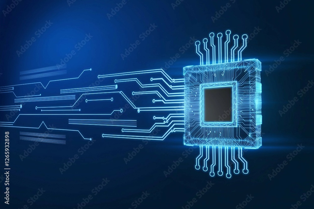 Poster high-tech digital microchip icon on a blue background. ai technology, advanced computing power, and 