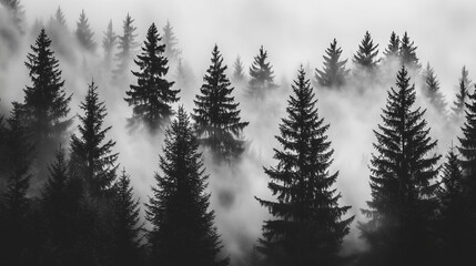 Misty Black and White Forest with Tall Pine Trees – Cinematic Moody Monochrome Wallpaper for Modern Interiors