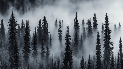 Misty Black and White Forest with Tall Pine Trees – Cinematic Moody Monochrome Wallpaper for Modern Interiors