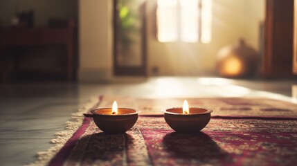 Elegant Candlelight on a Colorful Rug in a Cozy Interior Setting