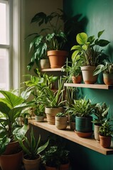 A cozy indoor space filled with various potted plants on wooden shelves against a green wall.