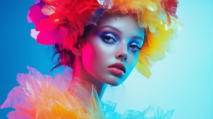 Fototapeta premium Face of a beautiful girl with bright surreal makeup. Close-up of the face of an attractive woman in theatrical makeup. AI artwork. 