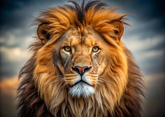 Fototapeta premium Majestic Lion Emblem: Panoramic Regal Lion with Fierce Expression, Powerful and Majestic Design, Stock Photo