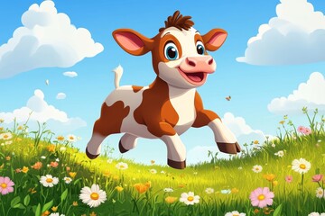 vibrant cartoon style colorful cow standing on sunny summer plain, generative AI