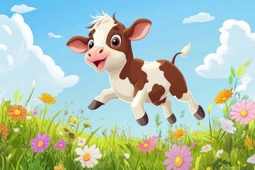 vibrant cartoon style colorful cow standing on sunny summer plain, generative AI