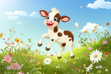 vibrant cartoon style colorful cow standing on sunny summer plain, generative AI