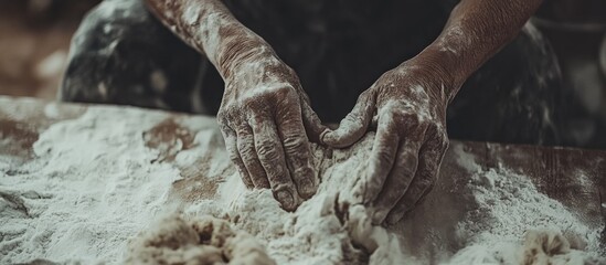 Rustic hands kneading dough, floury surface, outdoor background, food preparation