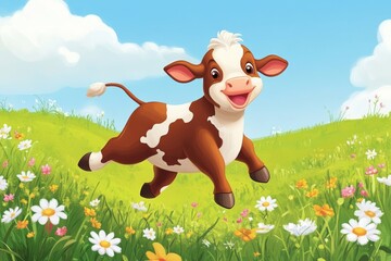 vibrant cartoon style colorful cow standing on sunny summer plain, generative AI