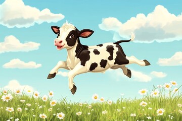 vibrant cartoon style colorful cow standing on sunny summer plain, generative AI