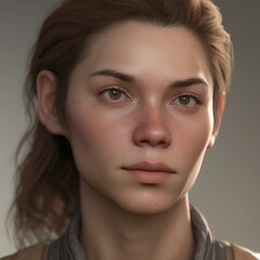 Fototapeta premium A highly detailed, hyper-realistic close-up portrait of an AI-generated human face. This digital artwork features lifelike skin textures, expressive eyes, and natural lighting.