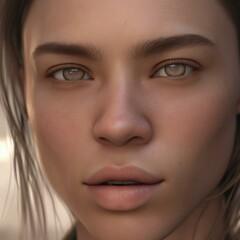 Fototapeta premium A highly detailed, hyper-realistic close-up portrait of an AI-generated human face. This digital artwork features lifelike skin textures, expressive eyes, and natural lighting.