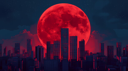 Obraz premium A large red moon hangs in the sky over a city. the moon is surrounded by a glowing red aura, and the city is lit up by the moon's light. Lunar Glass Towers. Illustration
