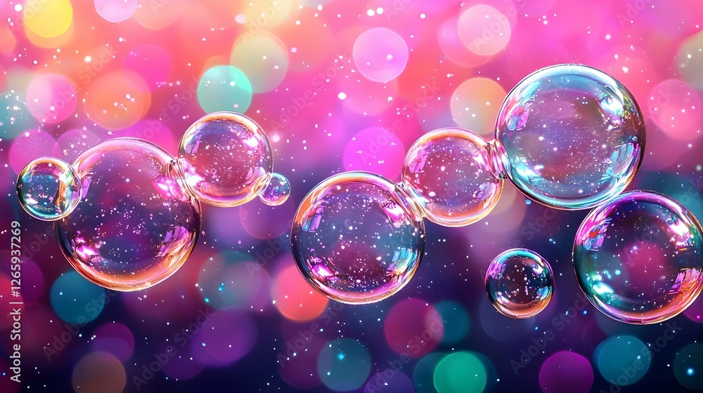Poster floating iridescent soap bubbles on colorful bokeh background