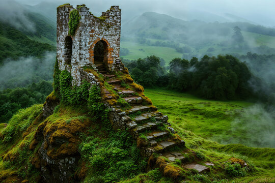 Moss-Covered Ruins in a Misty Green Valley