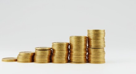 A stack of one dollar coins golden coins arranged in a straight line on white background the coins are of varying sizes and shapes they are all shiny close up of a row of stacked coins 