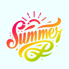 Hand-drawn inscription Hello Summer with background. For invitation, card, poster or banner. Summer quotes. Vector illustration