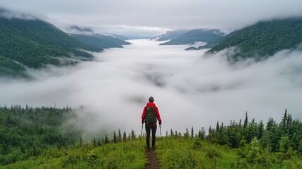 A person stands on a green hilltop overlooking a misty valley, surrounded by mountains and clouds, creating a serene and tranquil atmosphere.