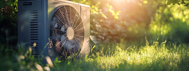 A photograph of an air source heat pump in the backyard
