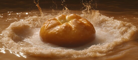 Obraz premium Golden bun splashing in water, sunset background, food advertising
