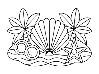 a beach scene with seashells coloring page for kids