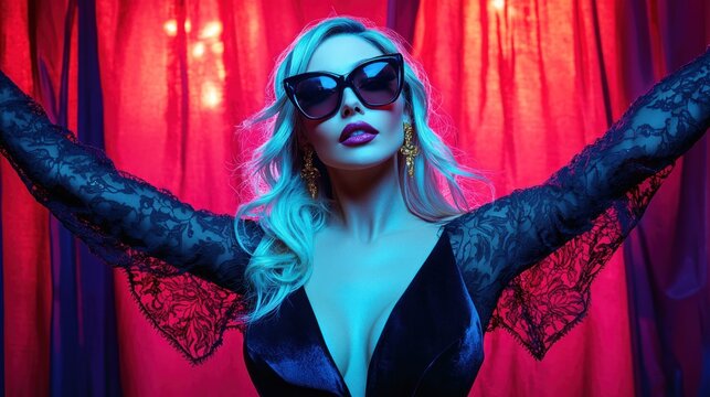 Blonde woman, red curtain backdrop, night club, glamorous pose, fashion