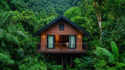 A charming wooden cabin nestled in lush greenery, surrounded by dense forest, offering a tranquil and scenic retreat.