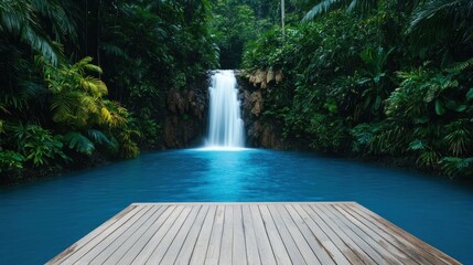 Fototapeta premium A serene waterfall cascades into a turquoise pool surrounded by lush greenery, with a wooden platform offering a peaceful retreat in nature.