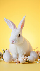 White fluffy rabbit sits on yellow isolated background among traditional eggs symbolizing the holiday