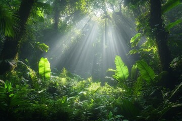 Obraz premium Sunlight filters through lush foliage in a vibrant tropical rainforest during the early morning hours