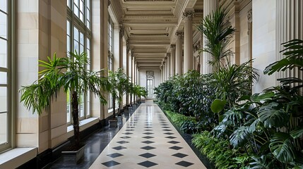 Bright Indoor Hallway With Lush Green Plants And Patterned Floor