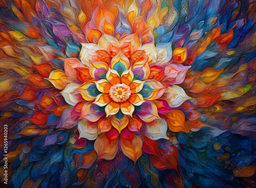 Poster a vibrant, multicolored flower blossoms against a dynamic background. petals explode outwards in a k