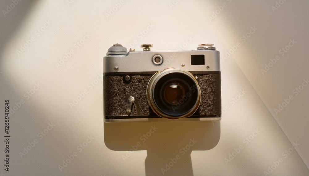 Fototapete 카메라가 흰색 테이블 위에 놓여 있고, 따뜻한 조명이 은은하게 감도는 부드러운 분위기의 배경