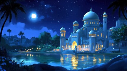 Enchanted Night Scene of a Majestic Palace by a Serene Lake