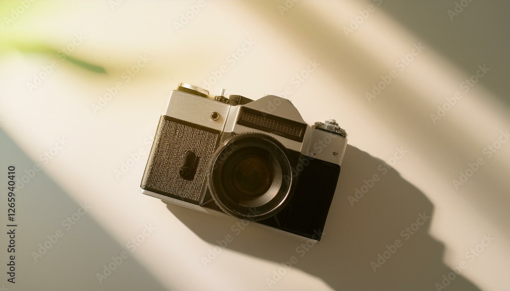 Fototapete 카메라가 흰색 테이블 위에 놓여 있고, 따뜻한 조명이 은은하게 감도는 부드러운 분위기의 배경