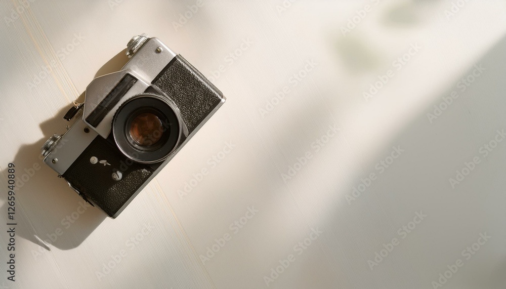 Aufkleber 카메라가 흰색 테이블 위에 놓여 있고, 따뜻한 조명이 은은하게 감도는 부드러운 분위기의 배경