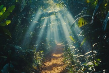 Morning sunlight filters through dense foliage along a sandy path in a vibrant rainforest
