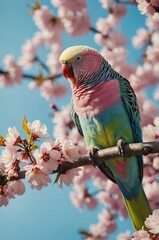 A colorful parrot perched on a branch with blooming cherry blossoms against a blue sky.