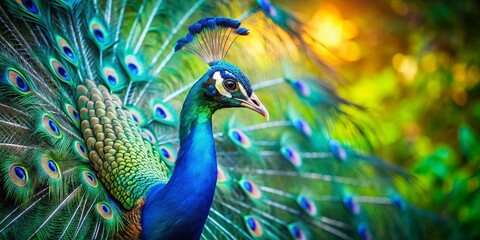 Obraz premium Majestic Peacock Long Exposure: Shimmering Blue & Green Feathers in Lush Blurred Nature