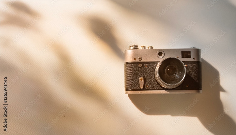 Fototapete 카메라가 흰색 테이블 위에 놓여 있고, 따뜻한 조명이 은은하게 감도는 부드러운 분위기의 배경