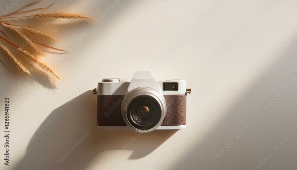 Fototapete 카메라가 흰색 테이블 위에 놓여 있고, 따뜻한 조명이 은은하게 감도는 부드러운 분위기의 배경