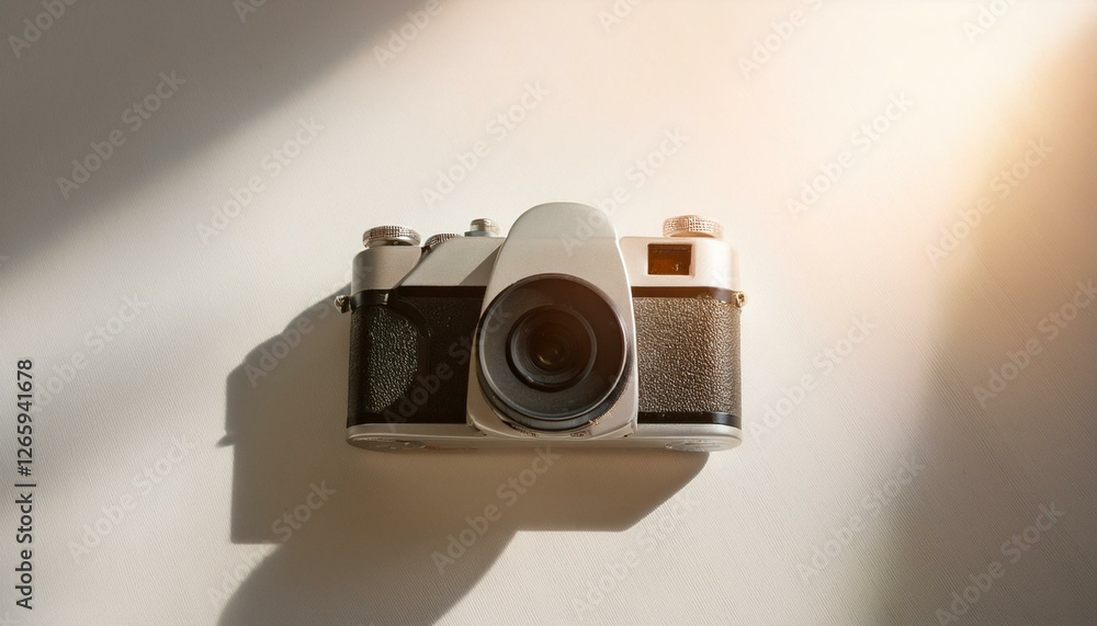 Fototapete 카메라가 흰색 테이블 위에 놓여 있고, 따뜻한 조명이 은은하게 감도는 부드러운 분위기의 배경