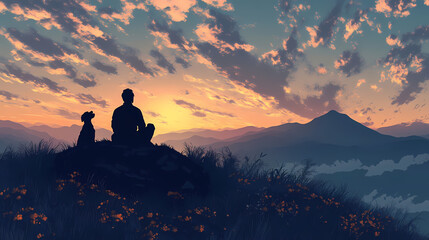 Imperfect illustration of the silhouettes of a man and a labradoodle dog sitting atop a meadowfilled mountain peak at dawn in sync the man and dog gaze up. Astral Samurai. Illustration